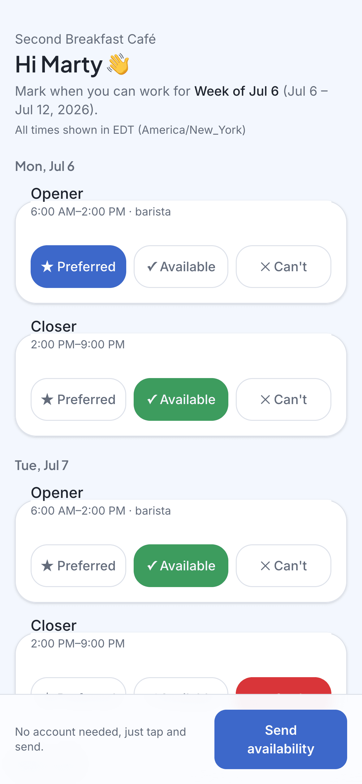 Employee availability screen in the Second Breakfast Café demo showing Preferred, Available, and Can't choices for upcoming shifts.