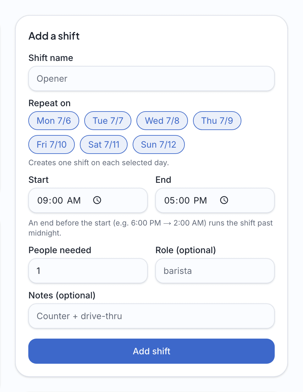 The Add a shift form in Schedule's Up: an Opener shift set to repeat on every day of the week, with people needed and a barista role.